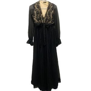 Vintage Sheer Black Peignoir Robe Le Voys Lace Satin Full Length Nightgown